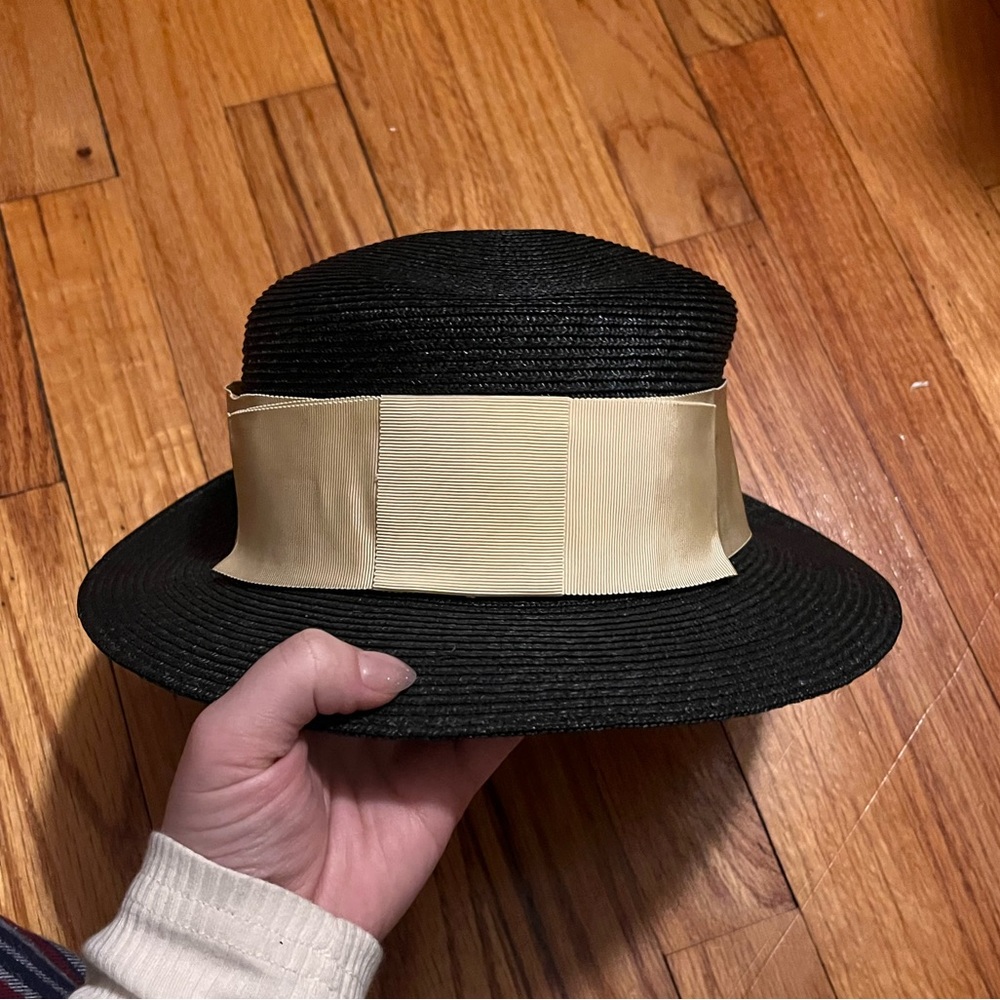 Yves Saint Laurent Black Straw Hat with Cream Ribbon Band